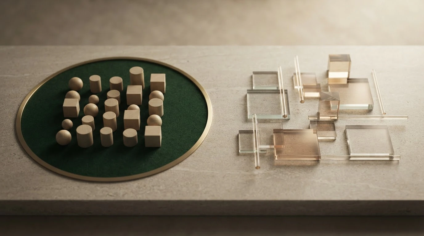 Tavolo da gioco astratto con segnaposti geometrici e pannelli luminosi, visto dall'alto